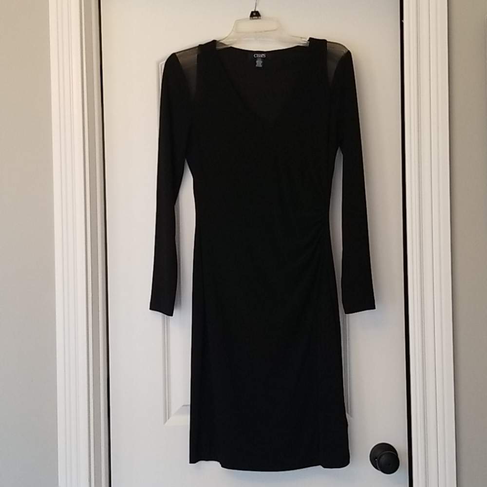 Chaps long sleeve vneck dress with mesh shoulders